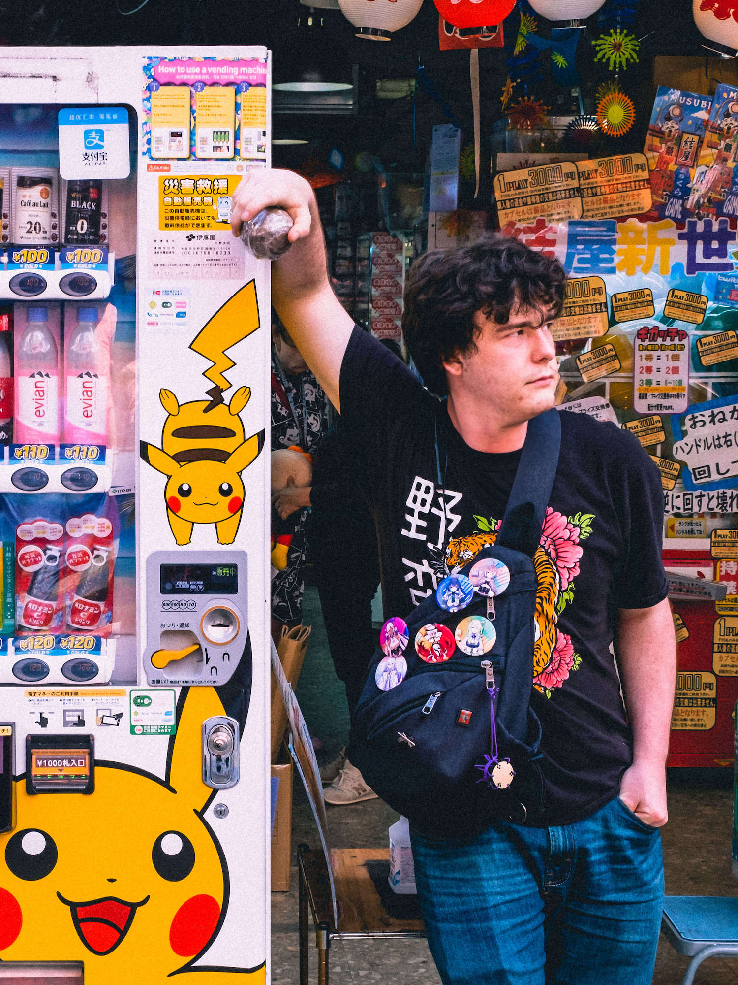 Posing by a vending machine