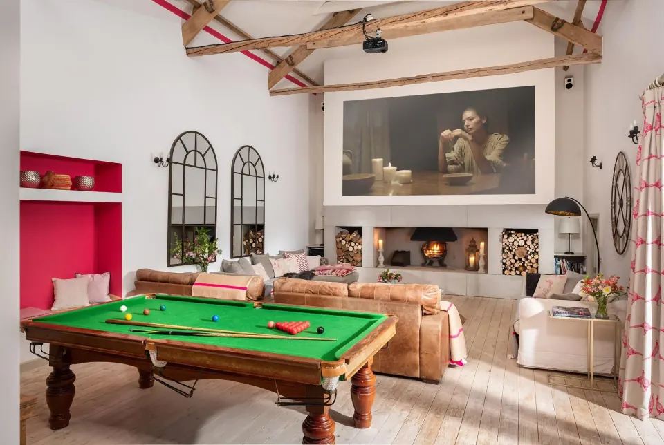 The cinema and games room at the country house in Somerset