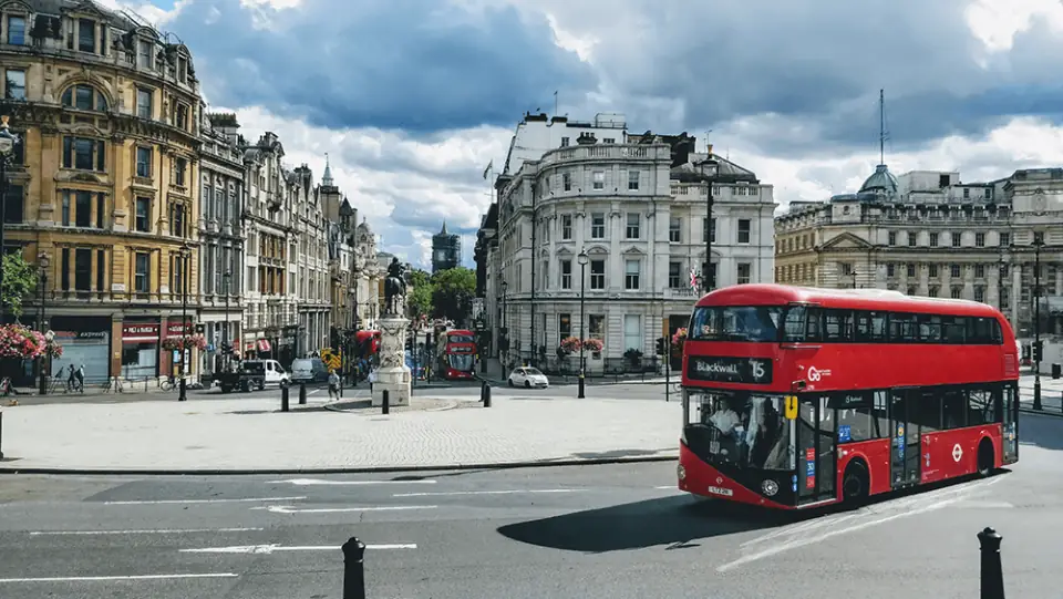 A red double-decker bus in central London